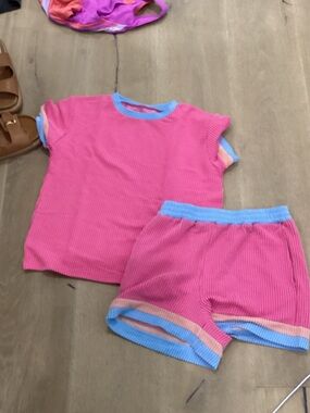 Amazon Pink Ribbed Kids Pajama Set with Blue Trim